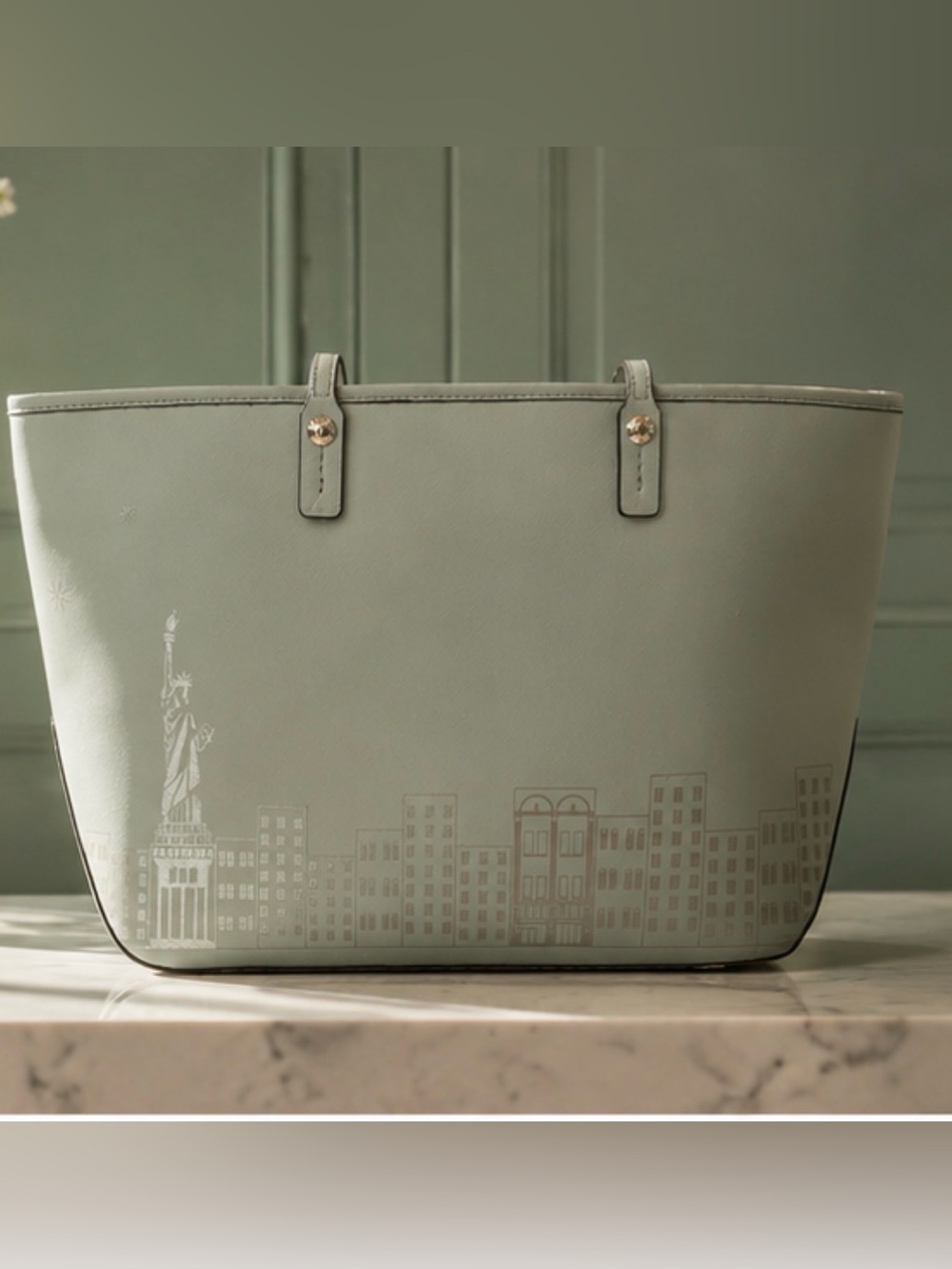 Henri Bendel EUC Sea Foam Sage West 57th NYC Skyline Tote; Rare Vaulted - Picture 2 of 12